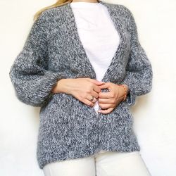 mohair cardigan with balloon sleeves. elegant women sweater. grey fluffy sweater. oversized wool cardigan. boho knitwear