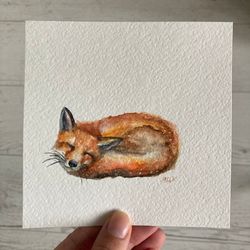 Fox Watercolor Painting, Original Watercolor Fox, Cottagecore Painting, Red Fox Wall Decor, Winter Sleepy Fox Art