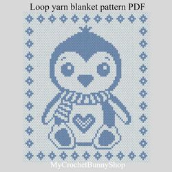 Loop yarn Finger knitted Penguin blanket pattern PDF Download