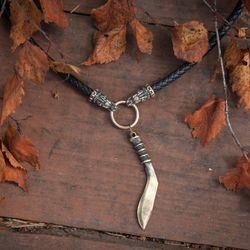 Knife kukri pendant on black leather cord. Warrior necklace. Man fashion. Sword weapon jewelry. Present for man.