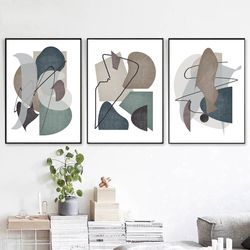 Abstract Triptych Three Prints Navy Gray Wall Art Grey Abstract Art Modern Painting Set of 3 Posters Digital Download
