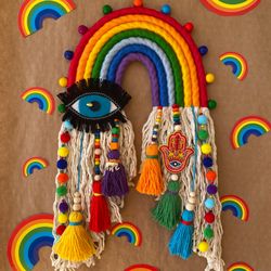Macrame rainbow wall hanging, Evil eye and hamsa hand, Hippie room decor, Housewarming gift, Dorm room decoration