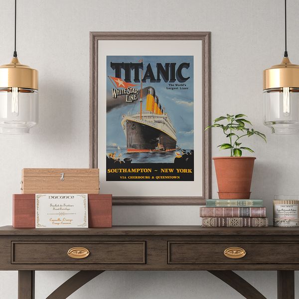 Vintage titanic Advertising poster in classic interior.jpg