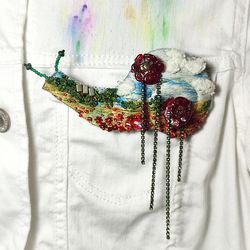 Embroidered brooch snail with landscape and   handmade glass poppy flowers.
