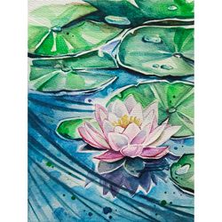 Water lily painting lotus original art floral painting watercolor artwork 6 by 8 inches pink flower wall art by AlyonArt