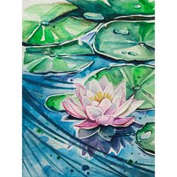 water lily painting lotus original art floral painting watercolor artwork 6 by 8 inches pink flower wall art by alyonart