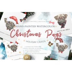 Christmas Watercolor Pug Cards Templates