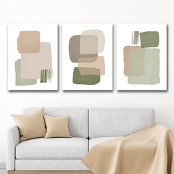 Geometric Painting Set of 3 Abstract Poster Green Gray Wall Art Oversize Art Digital Prints Olive Art Modern Artwork