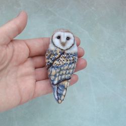 Needle felted barn owl pin for women Handmade bird brooch for girl Cute owl jewelry Wool animal replica