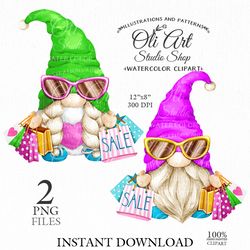 Shopping Gnome Clip Art. Hand Drawn graphics. Digital Download. OliArtStudioShop