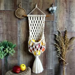 Macrame hanging fruit basket Handmade Wall decor Boho interior basket Eco friendly home decor Vintage Hygge style