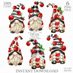 Red Apple Gnome Clip Art. Buffalo Plaid Gnome. Cute Characters. Hand Drawn graphics. Digital Download. OliArtStudioShop