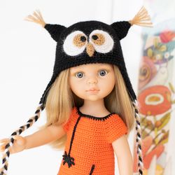 Crocheted Owl hat with ears for Paola Reina doll, Meadowdolls Dumplings, Little Darling, Siblies rrff for Halloween