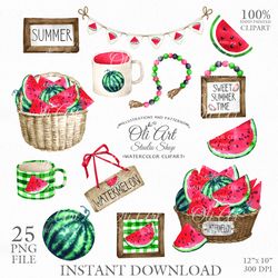 Watermelons, Decor Elements Clip Art. Summer Designs, Hand Drawn graphics. Digital Download. OliArtStudioShop