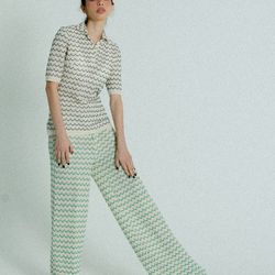 light weight high waist cotton knit wide trousers green