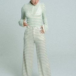 light weight high waist cotton knit wide trousers marine