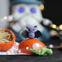 Halloween dollhouse miniature crochet bat micro crochet toy in walnut creepy cute gift tiny bat collectibles miniatures