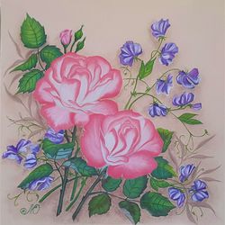 Rose Painting Sweet Pea Original Art Floral Wall Art Flower Soft Pastel Painting
