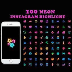 100 neon instagram highlight covers. Black social media icons.