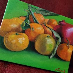 Clementine Tangerine Art, Citrus Original Art, Still Life, Exotic Pomegranate Art, Orange Fruits, Kitchen Painting