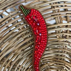 Brooch with beaded, embroidery, Red Pepper Brooch. beaded brooch pepper jewelry brooch pepper embroidered brooch pepper