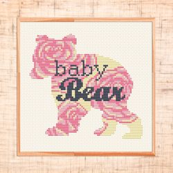 Baby bear cross stitch pattern Modern cross stitch Floral nursery cross stitch Baby shower cross stitch PDF