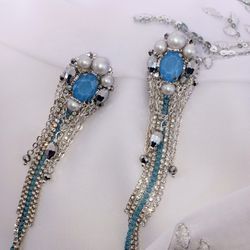 Handmade luxury long crystal earrings with swarovsky pearls, bridal earrings, statement earrings, wedding earrings