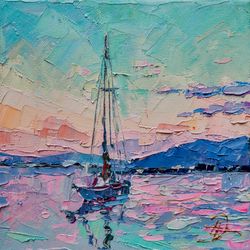 Seascape Painting Oil Canvas Small Artwork 8 / 8 inches Original Painting Impasto Wall Art Sailboat on Sea California by