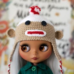 Monkey hat for Blythe doll, Pullip doll, Icy doll, animals hat with ears for Halloween, crochet accessories for doll