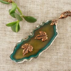 Green Agate Slice Necklace Copper Maple Leaf Pendant Necklace Forest Woodland Botanical Nature Necklace Jewelry 5465