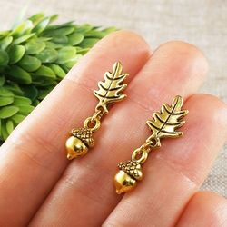Golden Acorn Earrings Gold Oak Leaf Stud and Dangle Woodland Botanical Autumn Forest Nature Boho Earrings Jewelry 8084