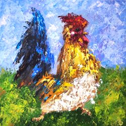 Rooster Painting Chicken Original Art Chicken Oil Painting Bird Small Artwork