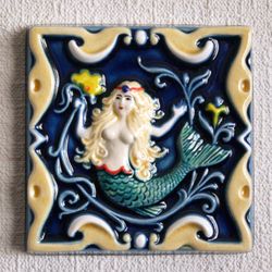 Mermaid ceramic relief handpainted tile Wall hanging Mermaid decor majolica