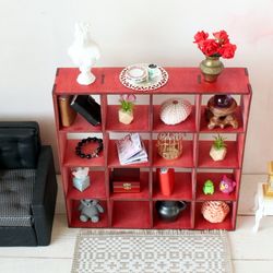 Miniature drawer dollhouse furniture 1:6 scale red bookcase display shadow shelf for BJD doll study library living room