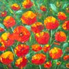 Oil painting red poppies on a green background