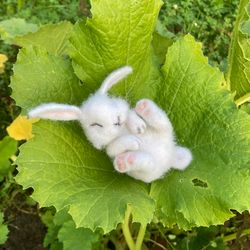 Sleeping bunny figurine Needle felted white hare Handmade wool miniature animal Cute baby bunny sculpture