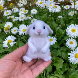 White bunny figurine Needle felted hare Handmade wool miniature animal Cute baby bunny sculpture