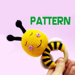 Crochet pattern baby rattle bee easy pattern, bumblebee crochet toy, crochet toy for baby mobile, teething toy tutorial