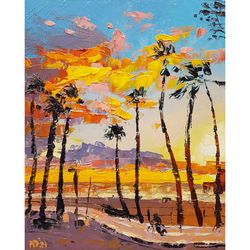 Palm trees original oil painting California Seascape wall art Cloudscape impasto artwork 8"x10" by Dorokhina Natalya