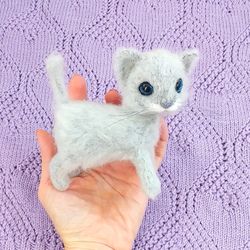Realistic kitten with blue eyes, small gray kitten with movable paws cat lover gift, pet stuffed animal, gift for girl