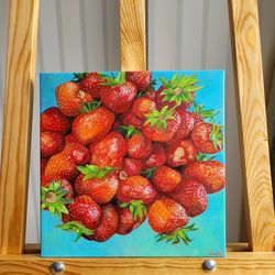 Strawberry Painting Fruit Art Kitchen Decor Original Art Oil Painting on Canvas Custom Gift 11.8 x 11.8 inches