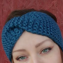 BLUE Chunky knit hand knitted turban knit headband for women kingfisher blue accessories bohemian Turban, wide headband.