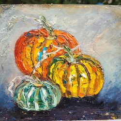 Pumpkins Family Original Oil Painting Artwork Textured Fall Decor Hallowen Home Decor Gift