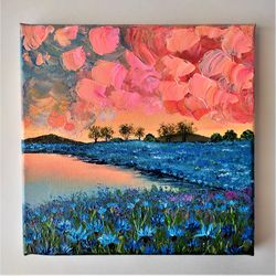 Landscape Painting on Canvas Sunset painting Cornflowers painting Floral Wall Decor Texture Painting artwork