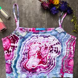 tank top  women's tie dye geoda bright clothes custom handmade manual coloring Cotton size 4 / S