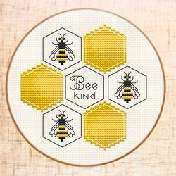 bee kind cross stitch pattern modern cross stitch bumble bee cross stitch honey cross stitch honeycomb easy cross stitch