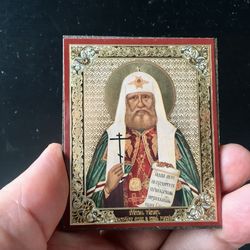 Saint Tikhon, Patriarch of Moscow |  Gold and Silver foiled icon lithography mounted on wood | Size: 3 1/2" x 2 1/2"
