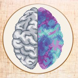 blue watercolor brain cross stitch pattern modern cross stitch anatomical x-stitch science counted cross stitch pdf