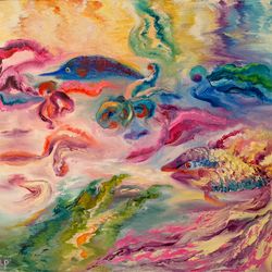 abstract sea diving art original oil painting fish people underwater artist svinar oksana