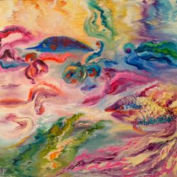 Abstract Sea Diving Art Original Oil Painting Fish People Underwater Artist Svinar Oksana